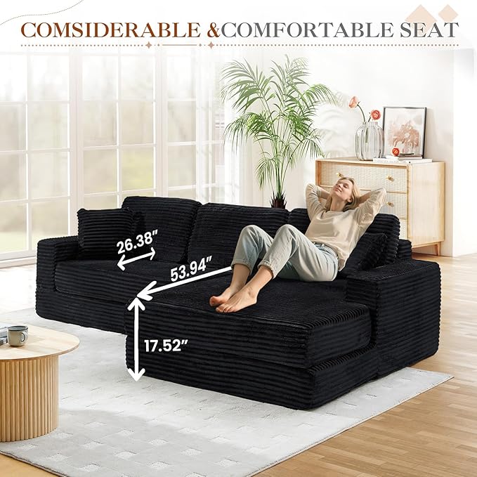 112.6 Oversized Fold Out Couch Bed King 3 in 1 Convertible Modern L Shape Cloud Modular Sectional Comfy Boneless Foam Couch Futon for Living Room No Assembly(Black CorduroyRight Facing Chaise)