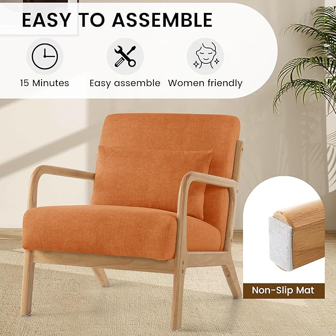 Mid Century Modern Accent Chair Set of 2 Upholstered Chair for Living Room Accent Chair with Lumbar Pillow Solid Wood Frame Reading Chair Armchair for Bedroom Small Spaces Orange