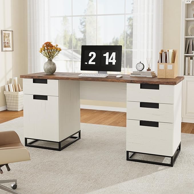 GarveeHome Farmhouse Executive Desk White Home Office Desk with File Drawer and Storage Cabinet 59 Computer Desks Wood Writing Desks for Bedroom Home Office White+Vintage/Black