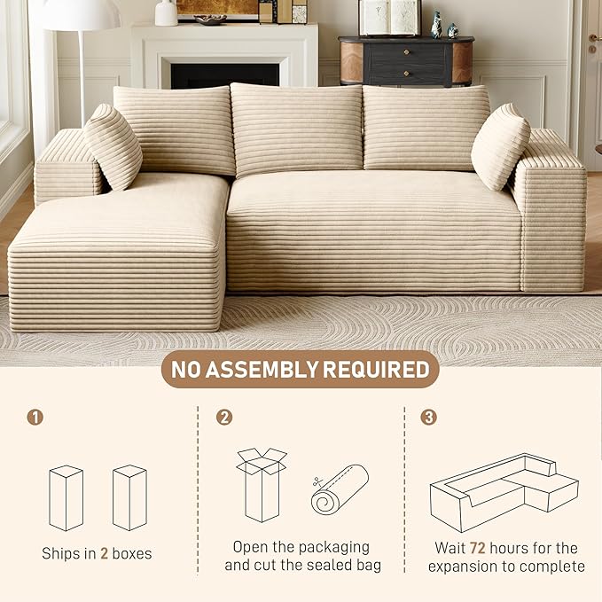 Modular Sectional Sofa Cloud Couch 107 Comfy L Shaped Sectional Couches for Living Room Modern Deep Seat Cozy Fluffy Corduroy Boneless Couch Sectionals Sofa with Chaise (Left Facing Beige)