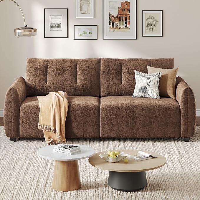 84.5 Inch Loveseat SofaModern Couch and SofaFeather-tip armrest DesignSturdy and Easy InstallationSmall Sofa for Living Room Bedroom Office and ApartmentChenille FabricBrown