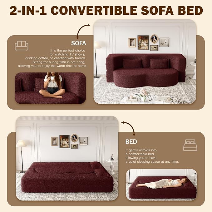 Newfun 78 Convertible Sofa Bed 2 in 1 Folding Couch Bed Futon Sofa Bed with Two Pillows Loveseat Sofa for Living Room Bedroom Lounge Compressed Modern Sofa No Assembly Required (Burgundy)