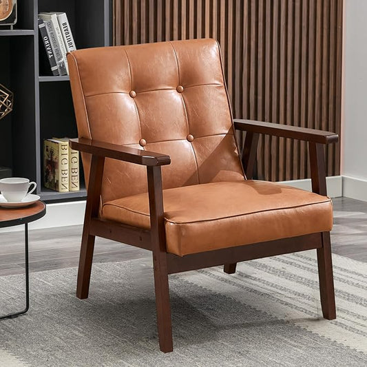 Bonzy Home Mid Century Modern Accent Chair for Living Room Upholstered Faux Leather Armchair Comfy Retro Bedroom Side Chair with Solid Wood Frame Orange