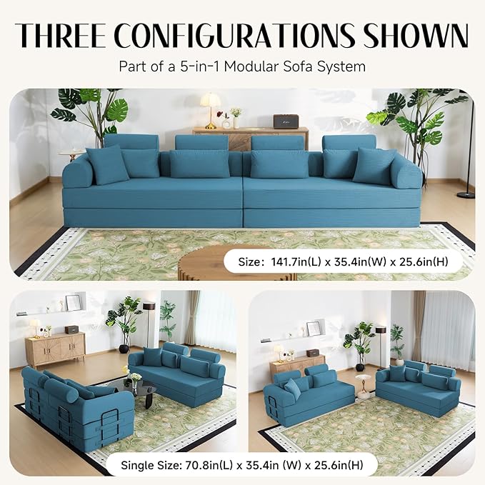 106 L-Shaped Modular Boneless Couch 2-Piece System (2×70.87) Convertible Sectional to 141.7 Straight Sofa Corduroy Couch in a Box Headrest &amp Back Pillows for Living Room Ocean Blue