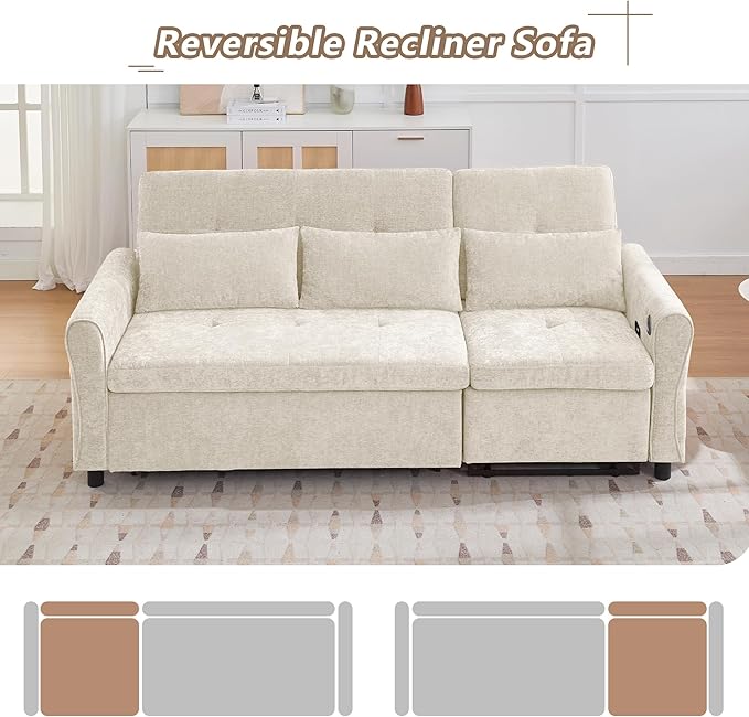 ERYE L-Shaped Reversible Recliner Sectional Sofa Chenille Upholstered Pull Out Convertible Sofabed with Pull Out Sleeper Couch Bed and Recliner Chaise Lounge and USB-C Ports