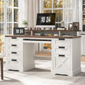 60 Farmhouse Executive Desk with 8 Drawers Wood Computer Desk with Keyboard Tray and Charging Station Home Office Desk Writing with File Drawer Fits A4 Size for Work and Study White and Brown