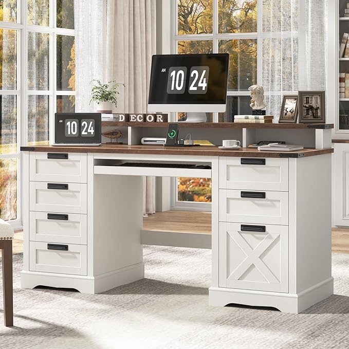 60 Farmhouse Executive Desk with 8 Drawers Wood Computer Desk with Keyboard Tray and Charging Station Home Office Desk Writing with File Drawer Fits A4 Size for Work and Study White and Brown