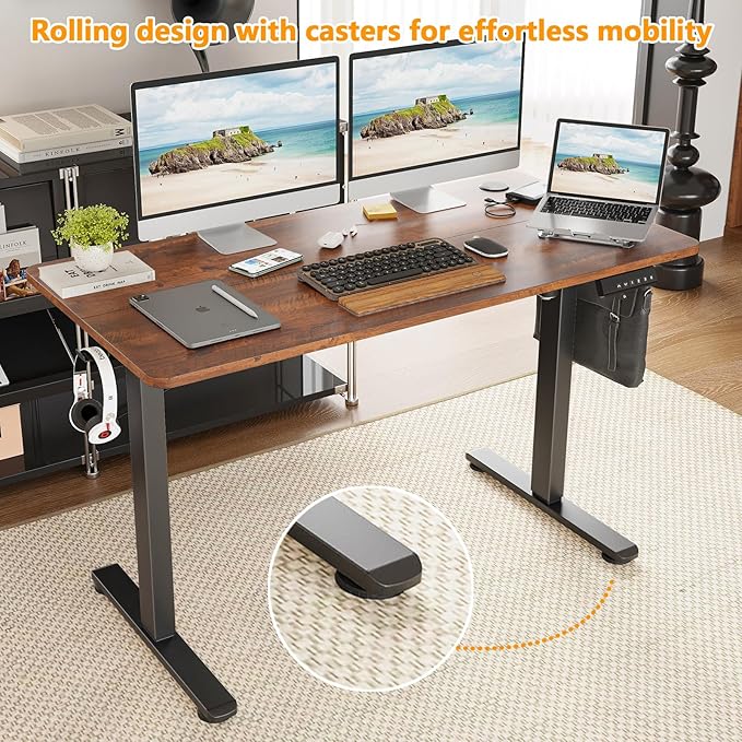 48x24 Inches Electric Standing Desk Adjustable Height Wooden Sit Stand Desk Electric Capacity 300lbs Sit to Stand up Standing Computer Desk with Hooks for Home Office (Reddish Brown 48x24 Inches)