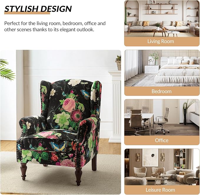 HULALA HOME Wingback Accent Chairs Set of 2 with Floral Pattern Design Traditional Fabric Armchairs with Nailhead Trim and Retro Wooden Legs Black