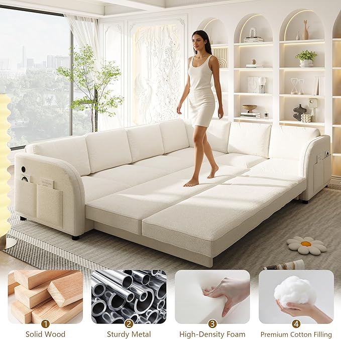 GNIXUU 115.2 L Shaped Couch with Pull Out Bed Convertible Sectional Sleeper Sofa with USB Port &amp Side Pockets 6 Seat Oversized Modular Teddy Cloud Couches for Living Room Apartment Beige