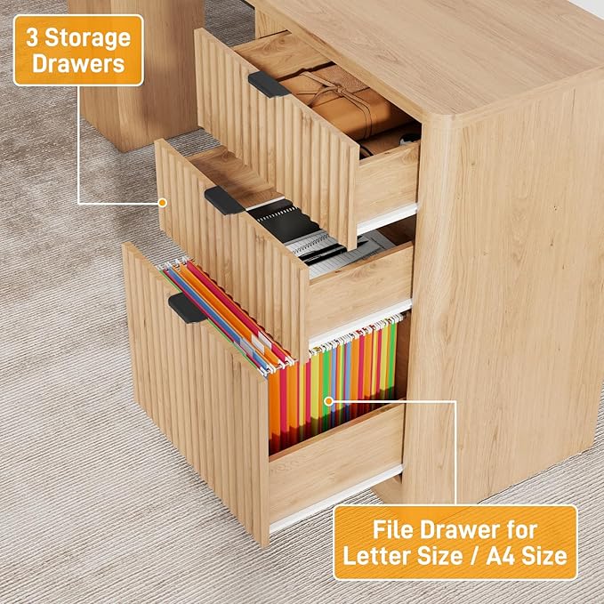 68 L Shaped Fluted Desk with HutchOffice Table with 3 Drawers and Sliding Doors Executive Desk with File Drawers and Charging StationLight Strips Wood Workstation for Home OfficeOak