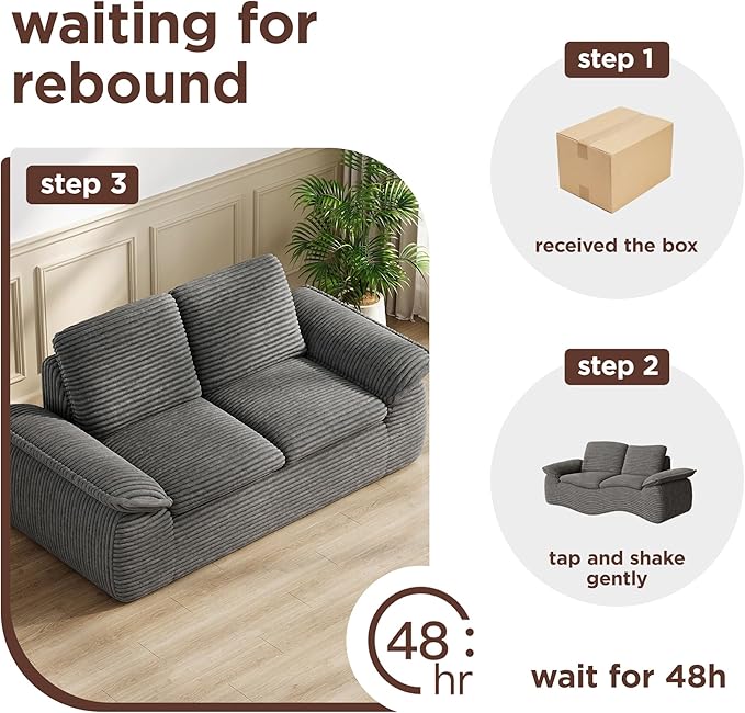 71 Cloud Boneless Couch Loveseat Sofa with Deep Seat Memory Foam Small 2 Seater Corduroy Couch in A Box No Assembly Compressed Sofa for Living Room Bedroom Apartment Dark Grey