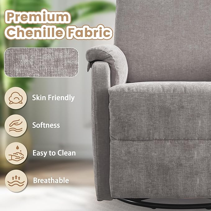 Swivel Rocking Recliner with Massage Small Glider Chair for Nursery Modern-Designed Armrests Chair for Adults Living Room Chenille Grey