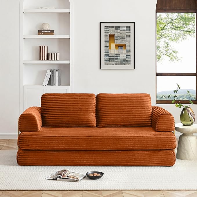 80 Inch Convertible Sleeper Sofa Bed with High Backrest Plush Corduroy Boneless Folding Floor Mattress Couch Bed with Fixed-Shape Frame Futon Loveseat No Assembly Required Orange
