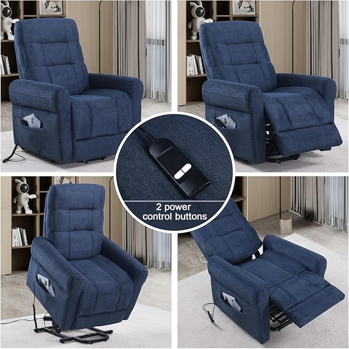Power Lift Recliner Chair Electric Power Lift Recliner Chair for Elderly Single Seat Chenille Reclining Sofa with Side Pocket for Bedroom Living Room Office (Blue)