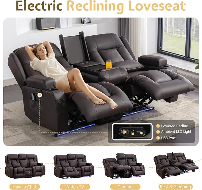 URRED Power Reclining Loveseat Sofa with Console RV Couch Loveseat Recliner Sofa with Massage &amp Heat LED Light Cupholders Bluetooth Speakers USB Charge Ports Outlets Faux Leather Dark Brow