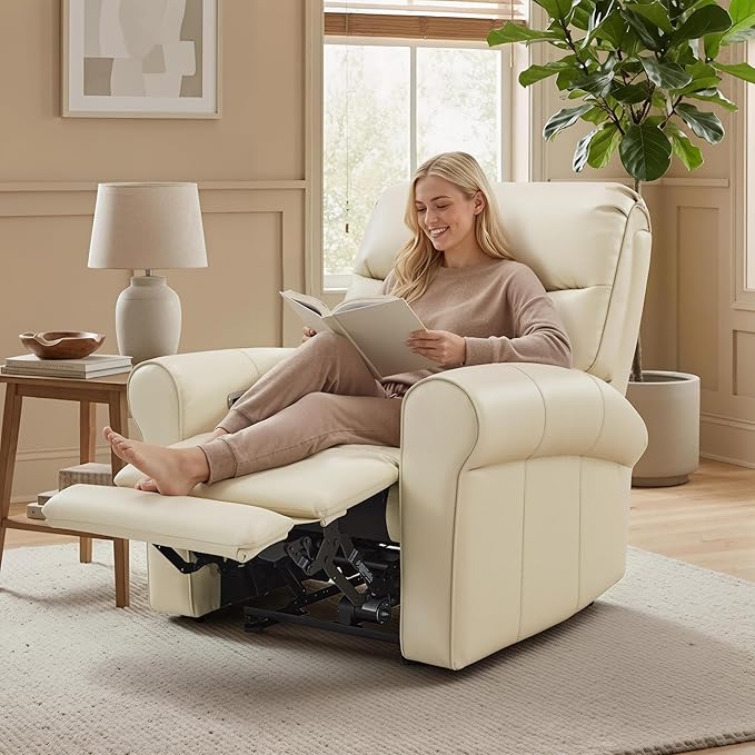 MCombo Power Wall Hugger Recliner Chair for Small Space RV Living Room USB &amp USB-C Charging Ports Modern Rolled Arm Recliner Faux Leather PR630 (Beige Medium)