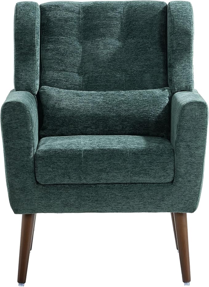 Modern Accent ChairChenille Arm Chairs for Living RoomUpholstered Mordern ArmchairComfy Soft Padded Lounge Chair in Small Space Bedroom w/Pillow Solid Wood Leg (Blackish Green)