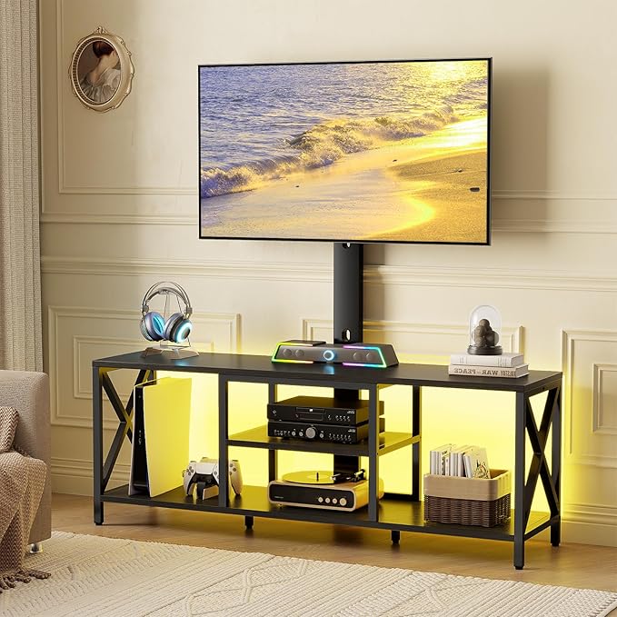 Flycity TV Stand with Mount and LED Lights Universal TV Stand Mount for 32-75 inch TV Entertainment Center with Storage Metal TV Console Table Height Adjustable TV Stands for Living Room Black
