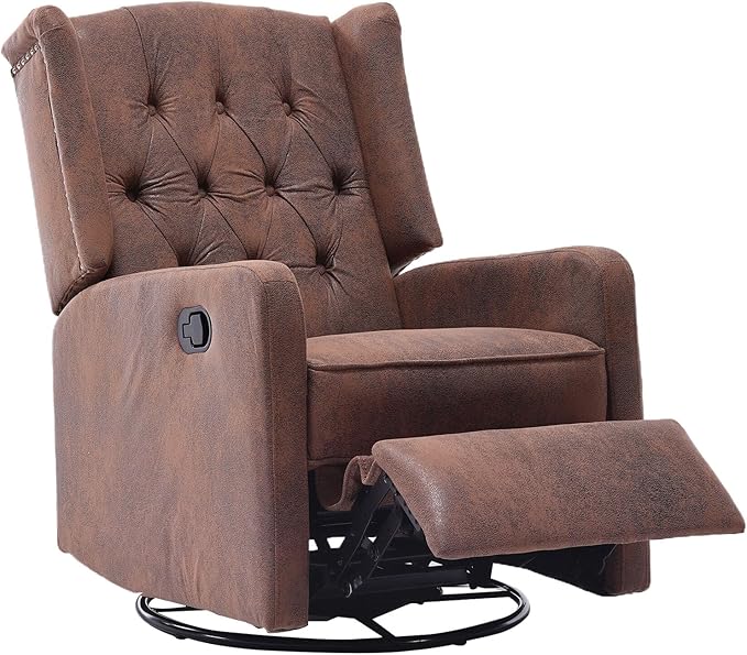 Glider Recliner Nursery Chair Cozy Microsuede Rocking Chair Nursery Recliner with Adjustable Button Backrest and Footrest Swivel Recliner Chair for Living Room Bedroom Office (Coffee)