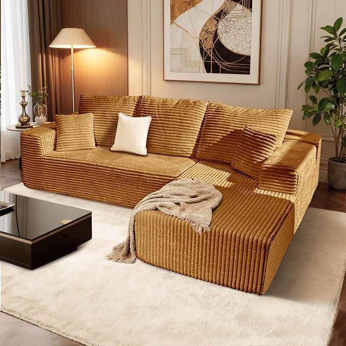 106'' Cloud Sectional Couch with L-Shape Chaise Boneless Modular Sofa with Deep Seat Modern Corduroy Couch for Living Room No Assembly Required. (Yellow Right-Facing Chaise)