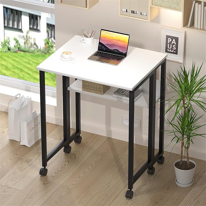 GreenForest Folding Desk Small Rolling Desk with Storage Shelf 24.8 inch Foldable Computer Desk with Wheels for Small Space Easy AssemblyWhite