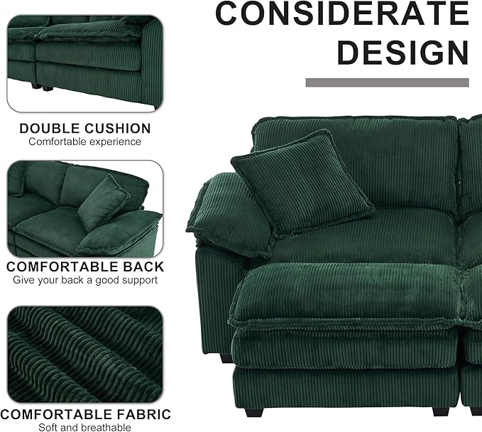 80.5'' Modular Sectional Sofa Cloud Couch Comfy Corduroy Double-Upholstered Sleeper Sofa Loveseat Sofa with Moveable Ottoman 2 Pillows and Detachable Armrest for Living Room Green