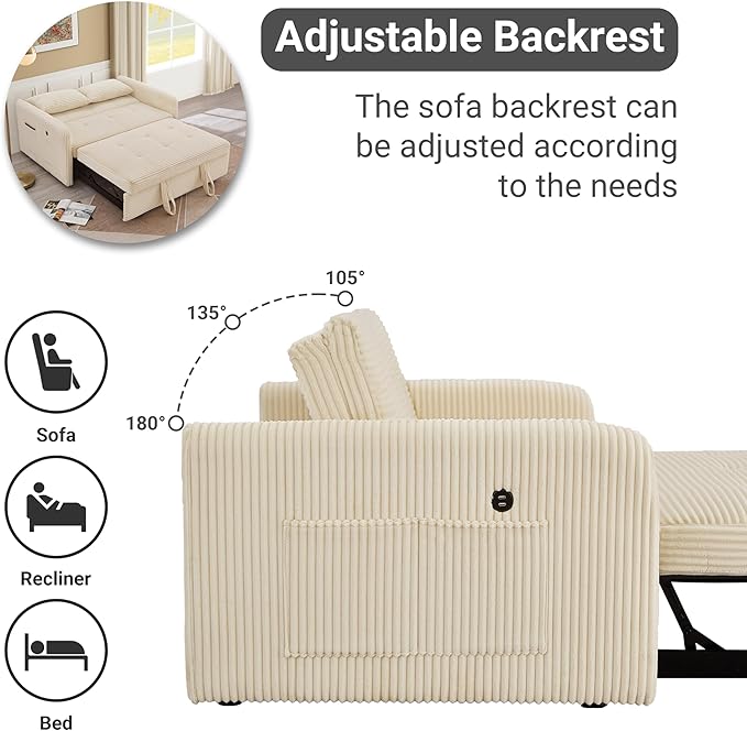55.5 Corduroy Convertible Sofa Bed Pull Out Sleeper Sofa Bed Loveseat Couch with USB Charging Ports 3 in 1 Convertible Sleeper Sofa Bed for Living Room Apartment Bedroom RV Beige