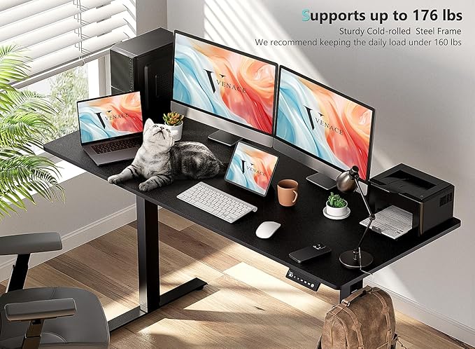 55 x 24 Inch Electric Standing Desk with 4 Wheels Height Adjustable Desk for Home Office Sit Stand Desk with 4 Memory Presets Headphone Hooks and Cable Clips Splice Board Black