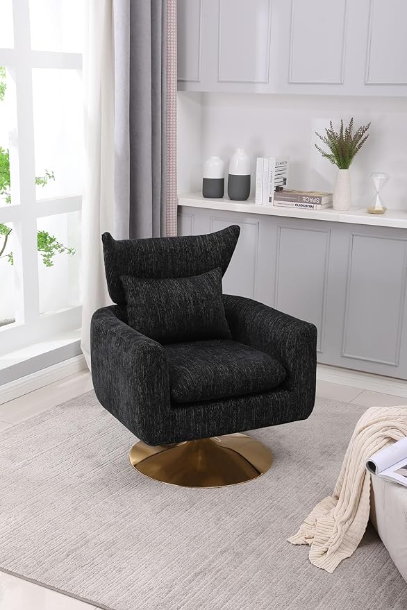Swivel Accent Chairs for Living Room Mid Century Modern Accent Chair with Arms Comfy Side Chairs for Living Room with Gold Base &amp Lumbar Pillow Upholstered Armchair with Wingback (Black)