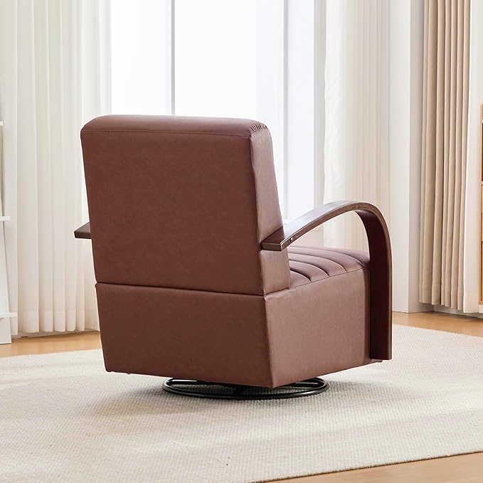 30.3 W Swivel Accent Chair with Solid Wood Armrests Modern Upholstered Armchair with Metal Base 360 Degree Comfy Lounge Reading Chair for Living Room Bedroom or Office (Brown+PU.)