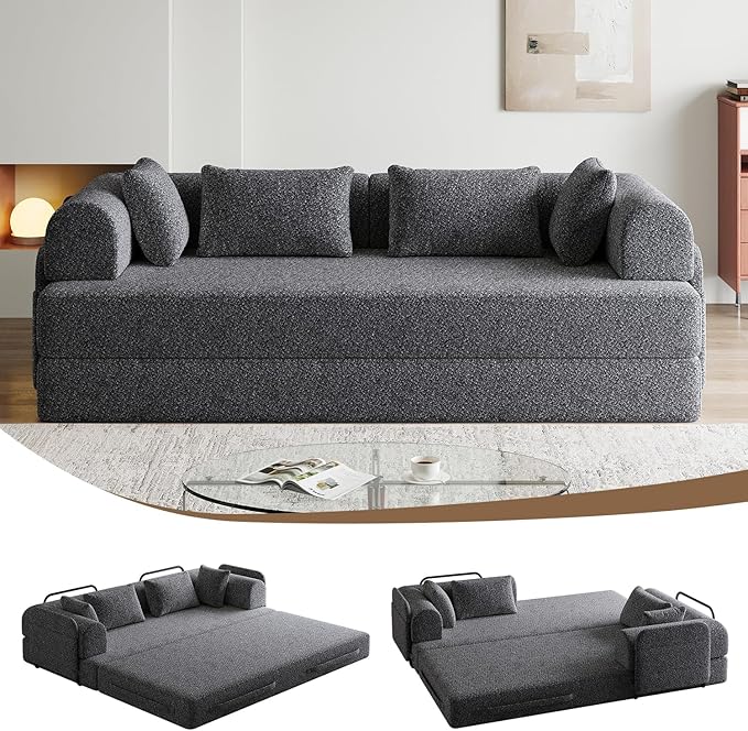 78.7 Chenille 4-in-1 Folding Convertible Sofa Bed Boneless Couches with 4 Pillows &amp Convenient Side Pockets Comfy Foldable Compressed Sofa in Box Floor Sofa Lounge Couch for Living Room(Gray)