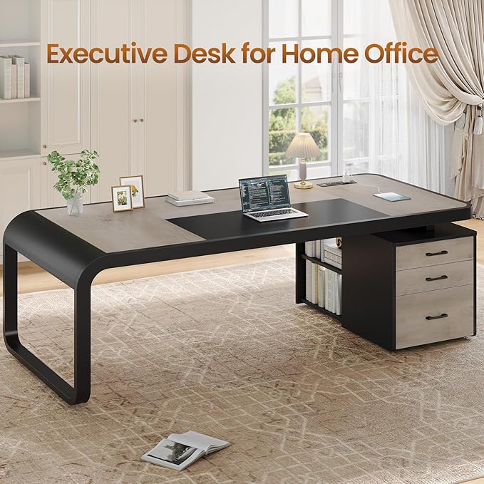 Itaar 70.9 Executive Desk Large Computer Desk with Drawers and Lateral File Cabinet Office Desk with Removable Shelves Business Furniture Desk Workstation for Home Office Gray