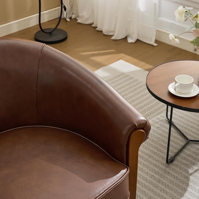 Genuine Leather Seat Swivel Barrel Chair Accent Chair with PVC Exterio &amp Wood Base - Upholstered Lounge Chair for Living Room Home Office Bedroom (Brown)