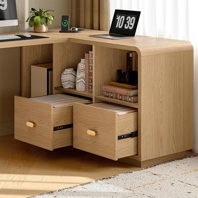 ONBRILL 58 Executive L Shaped Desk Home Office Desk with File Drawers Computer Desk with Power Outlets and Storage Shelves Corner Computer for Home Office (Natural Oak)