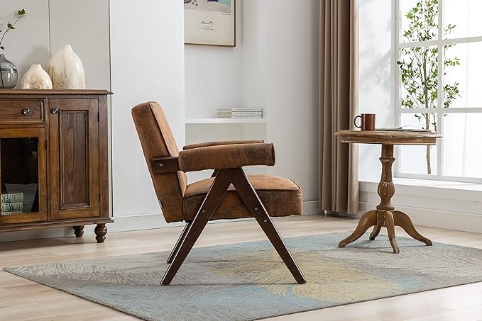 Generic Leisure Chair with Solid Wood Armrest and Feet Mid Century Modern Accent Chair for Living Room Bedroom Studio Chair Coffee