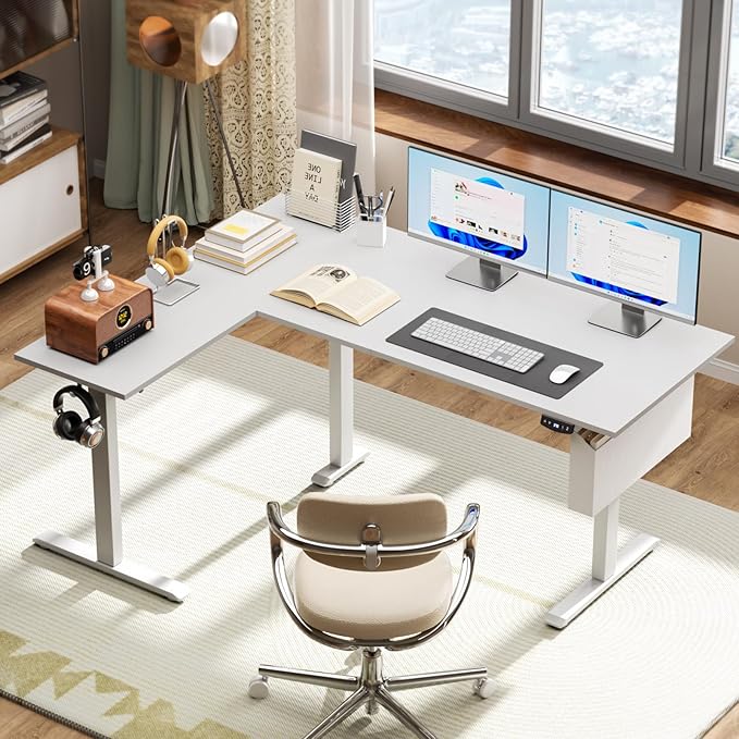 L Shaped Electric Standing Desk63 Inch Adjustable Height Sit to Stand Corner Desk with Memory Presets Reversible Computer Table for Home Office Work and Study White