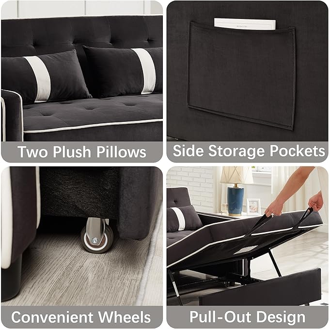 Convertible Velvet Sofa Bed with Pull-Out Bed &amp Side Storage Pockets Modern Sleeper Sofa for Living Room Apartment Small Spaces and Bedroom (7705-Black)