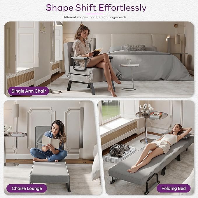 TYBOATLE Folding Chair Bed Comfy Convertible Sleeper Sofa 5 in 1 Folding Bed with 5-Position Adjustable Backrest &amp Pillow Floor Single Chairs Cozy Futon Chair for Small Spaces Office (Light G