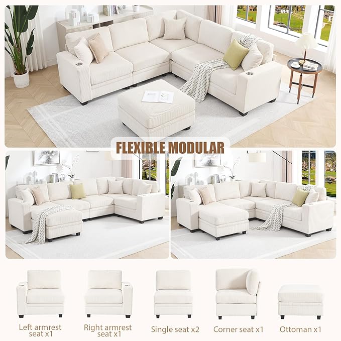 Modular Sectional Sofa Corduroy 6-Seater Corner Couch with Ottoman Chaise Convertible L-Shaped U-Shaped Sofa Sectional Couches for Living Room Apartment Beige