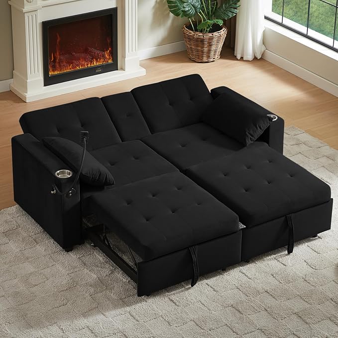 70 Queen Size Sofa Bed for Living Room – Pull-Out Sleeper Sofa Couch with Cup Holder Phone Holder USB Charging Port Solid Wood Frame Easy Assembly Space-Saving Design for Small Apartments