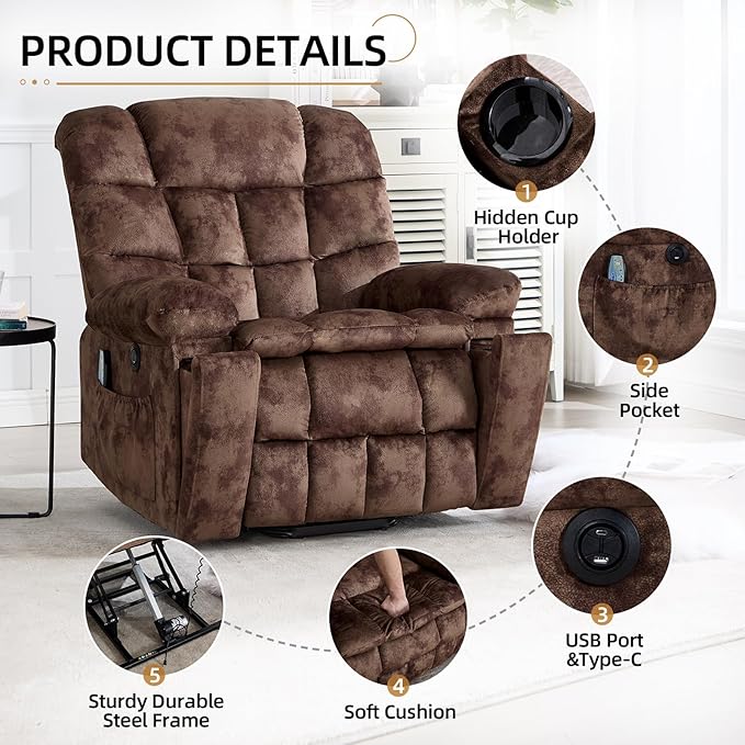 CANMOV Power Lift Recliner Chair for Elderly with Massage and Heat Electric Lift Chair with 2 Side Pockets and Cup Holders USB &amp Type-C for Living Room Brown