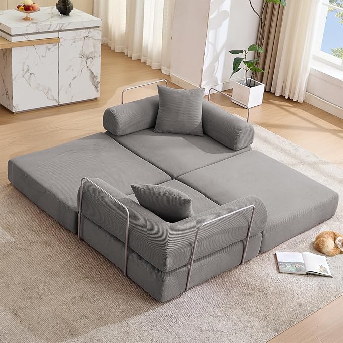 Convertible Modular Couch Sofa Bed 4 in 1 Sleeper Floor Sofa with Folding Mattress Corduroy Fold Out Boneless Couch Bed with 2 Pillows Comfy Foldable Lounge for Living Room Bedroom Grey