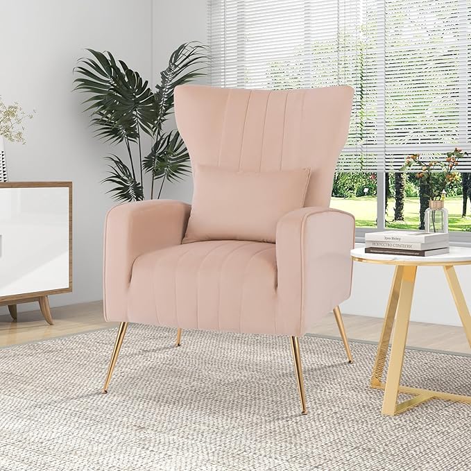 Giantex Velvet Accent Chair with Lumbar Pillow Upholstered Tufted Wingback Arm Chair w/Golden Metal Legs Mid Century Modern Single Sofa Chair for Living Room Bedroom Max Load 400 LBS Pink