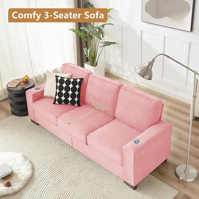 Aoowow 83.86” Modern 3-Seater Sofa Couch Upholstered Snowfleece Fabric Couches Comfy Sofas with 2 Cup Holders for Living Room Apartment OfficePink-Velvet