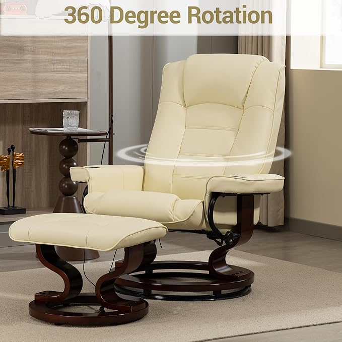 Heated Massage Recliner Chair with Ottoman PU Leather Lounge Chair with Footrest &amp 360 Swivel Wooden Base for Adults Bedroom Living Room Beige