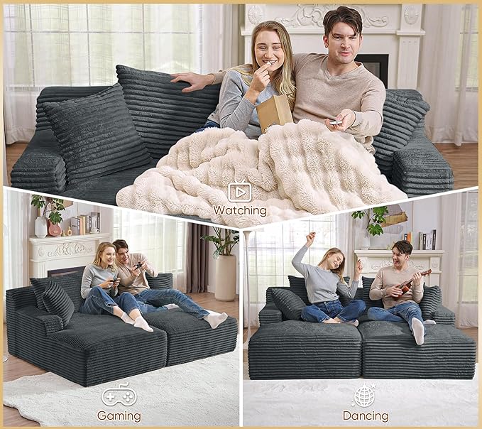 Oversized Chaise Lounge Chair Indoor Modern 78-inch Upholstered Corduroy Love Seat Sofa Bed with 4 Throw Pillows and Armrests Double Modular Sleeper Sofa Couch for Living Room Bedroom Dark Grey