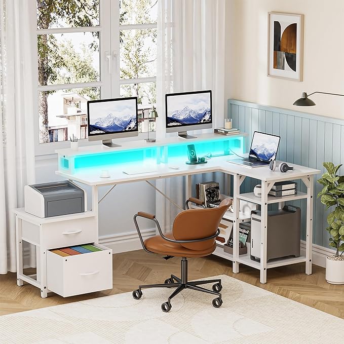 Office Desk L Shape with File Drawers&ampPower OutletYOUNGAR 69.3 Inch Reversible L Shaped Computer DesksCorner L Shape or Long Desk Set up Monitor Stand &ampStorage Shelves LED Lights&ampCPU Sta