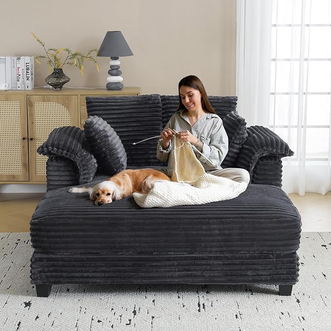 VINGLI 56 Oversized Chaise Lounge Chair Dark Grey Comfy Corduroy Chaise Sofa Recliner Bed Upholstered Sleeper Couch Bed with Throw Pillows and Armrests for Living Room Movie Room Bedroom