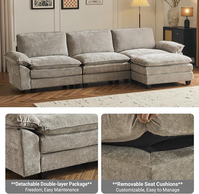 VINGLI 122 Cloud Double-Layer Deep Convertible Sectional Sofa Comfy L-Shape 3-Seat Couches for Living Room Modern Couch with Movable Ottoman for Small Space Light Grey Chenille